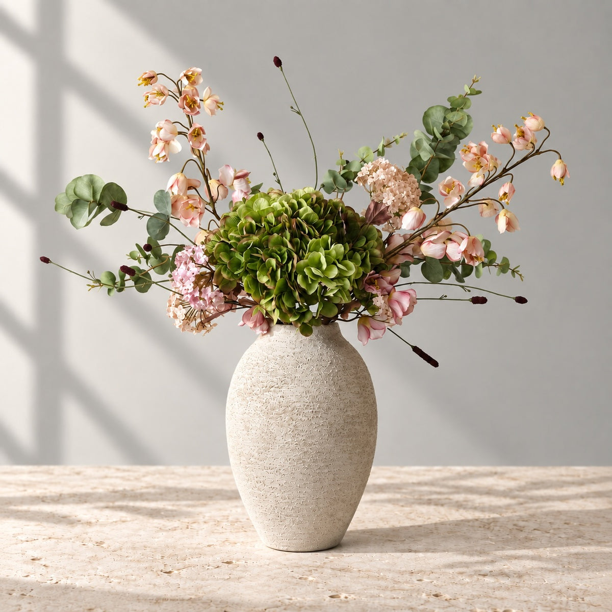 Petral Bloom – Artificial bouquet with Hydrangea, Snowball & Burgundy Hues